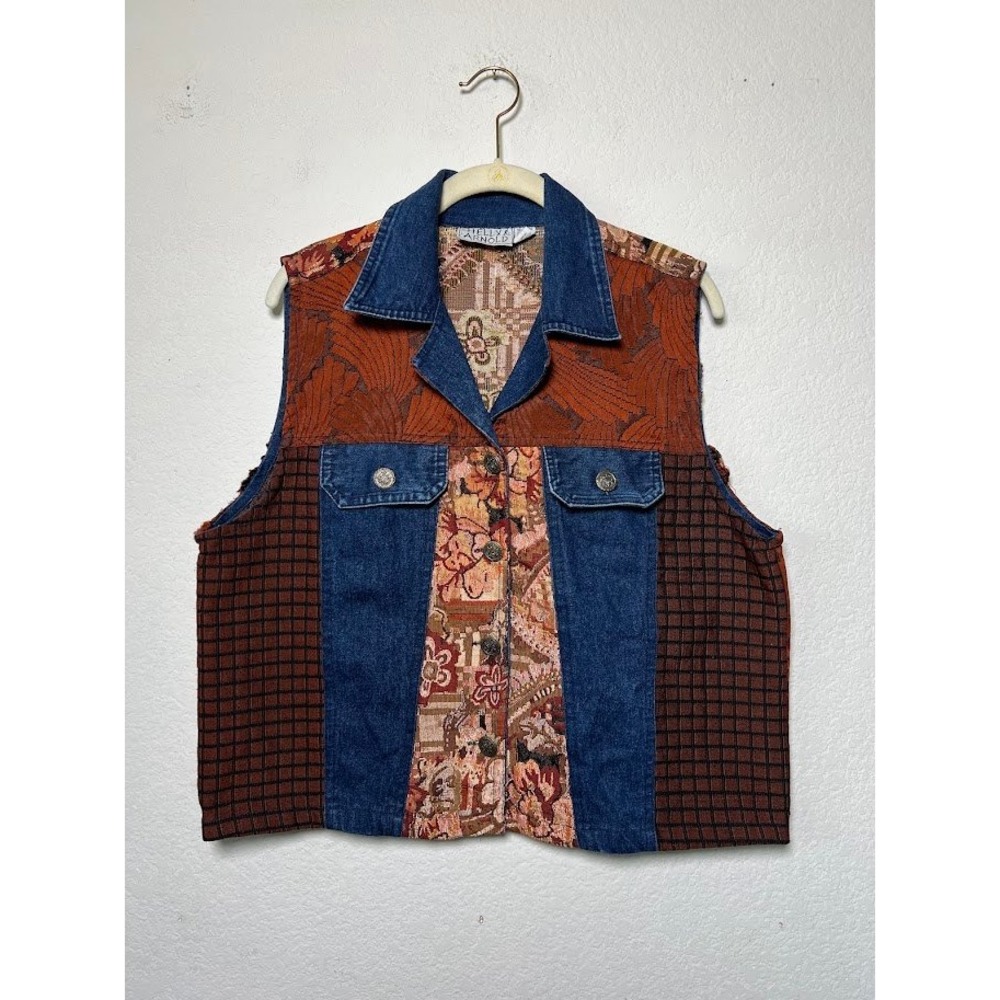 Shelly & Arnold Patchwork Tapestry Vest L Multicolor Womens Boho Western Denim